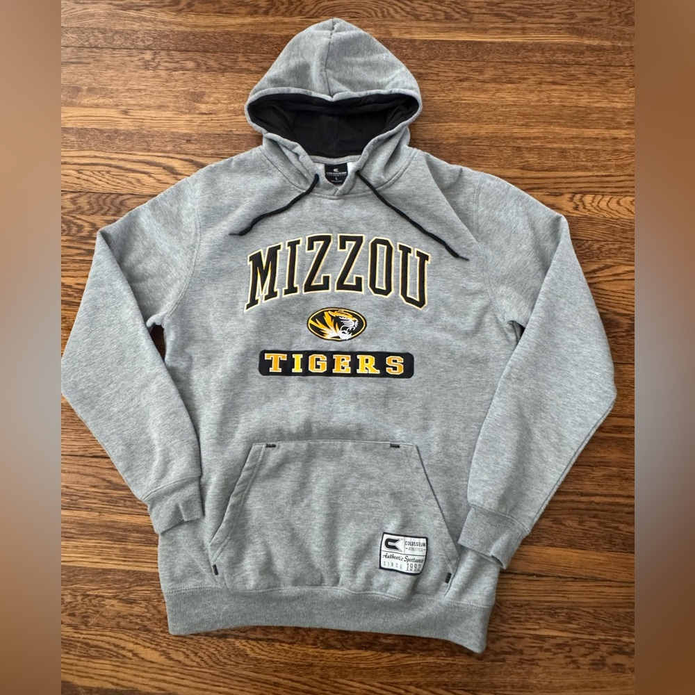 Mizzou (Colosseum) Gray Hoodie embroidered and patchwork front.